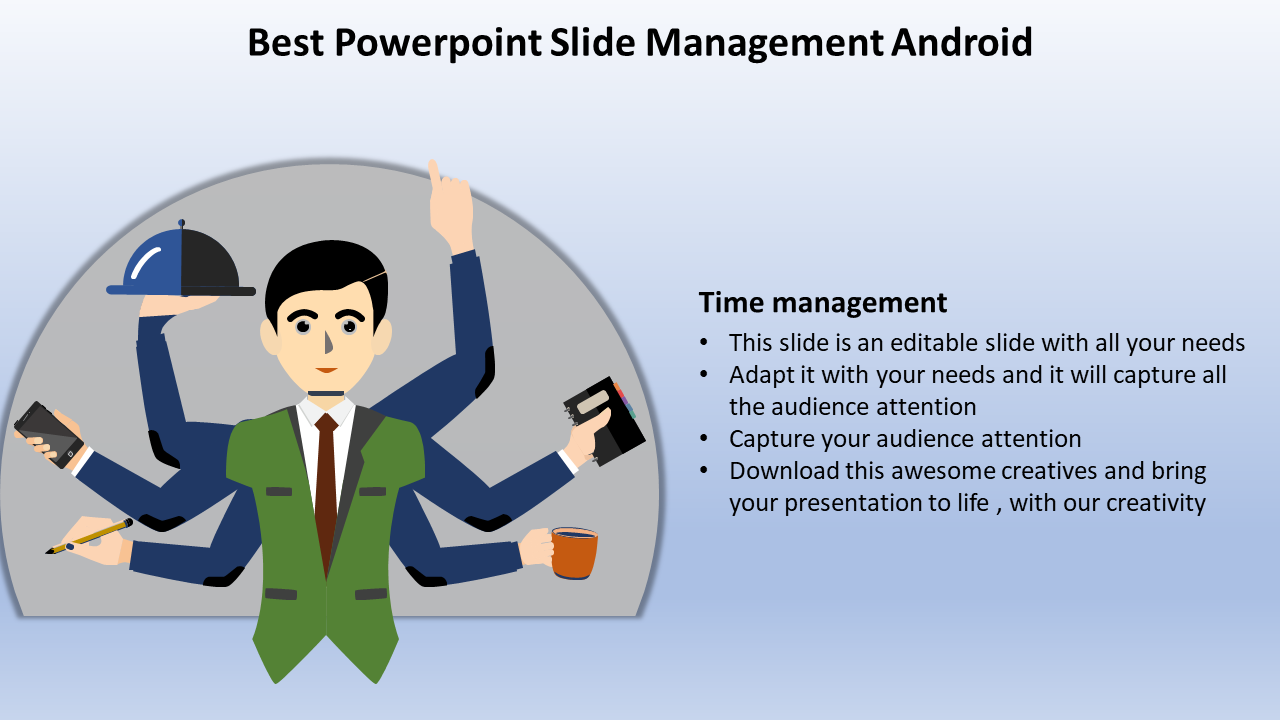 PowerPoint slide showing a person managing multiple tasks with time management tips.