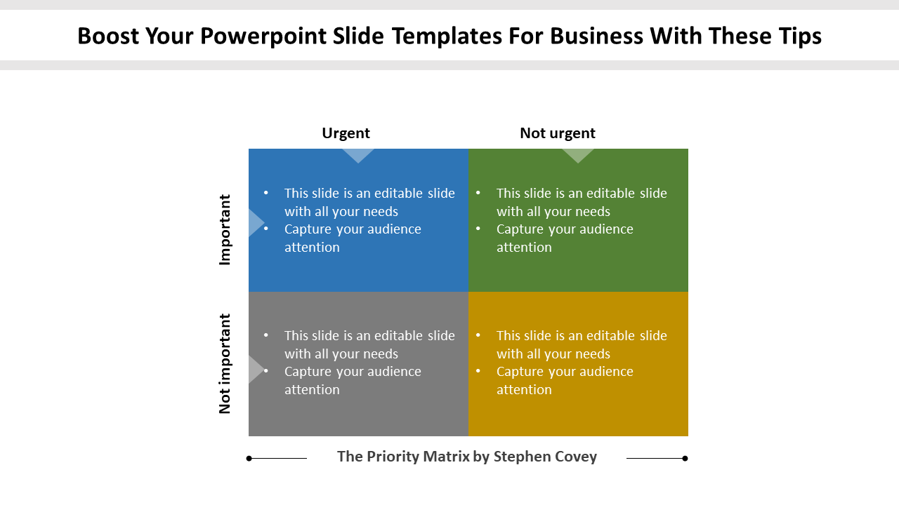 PowerPoint slide with a priority matrix for business, showing urgent and important tasks with placeholder text.