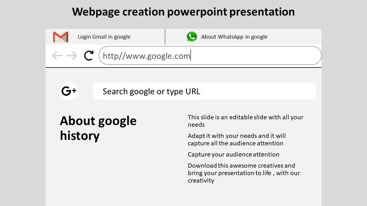 Webpage creation PowerPoint template showing a browser window with Google search and links to Gmail and WhatsApp.