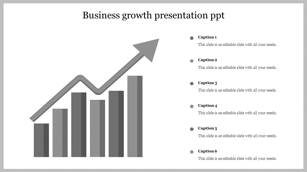 Business growth PowerPoint template with a grey graph showing upward growth and six sections for captions.