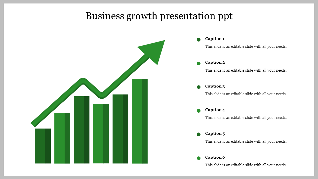 Visual representation of business growth with an upward-trending arrow across green bars, paired with six placeholders text.