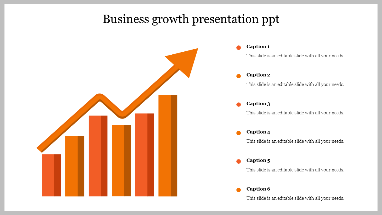 Slide displaying an orange business growth chart with upward trends and caption areas.