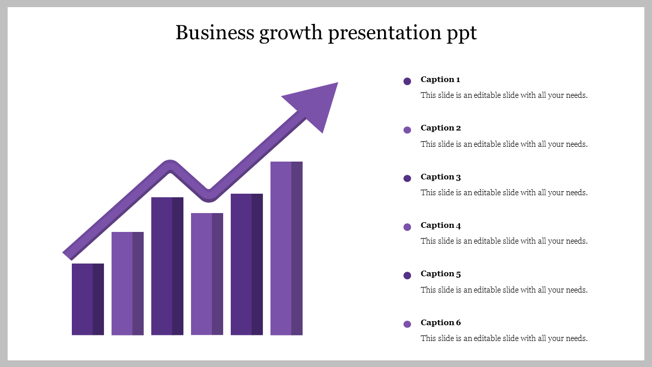 Purple bar chart with an upward arrow and six circular bullet points arranged on the right side.