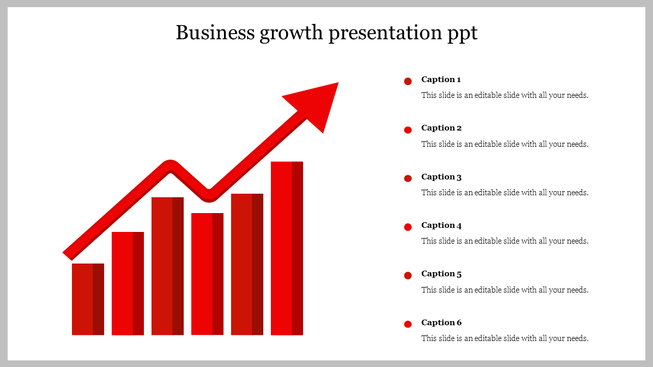 Red bar chart with upward arrow on the left and six captions with dots on the right, indicating business growth.