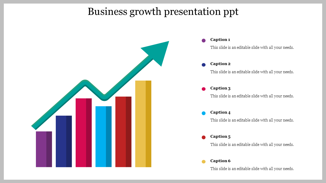 Slide featuring a multicolored bar chart and green upward arrow, with six captions aligned on the right.