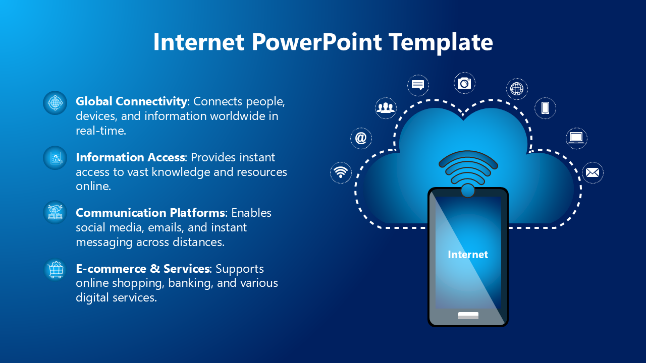 Internet template emphasizing global connectivity, information access, communication tools, and e-commerce functions.