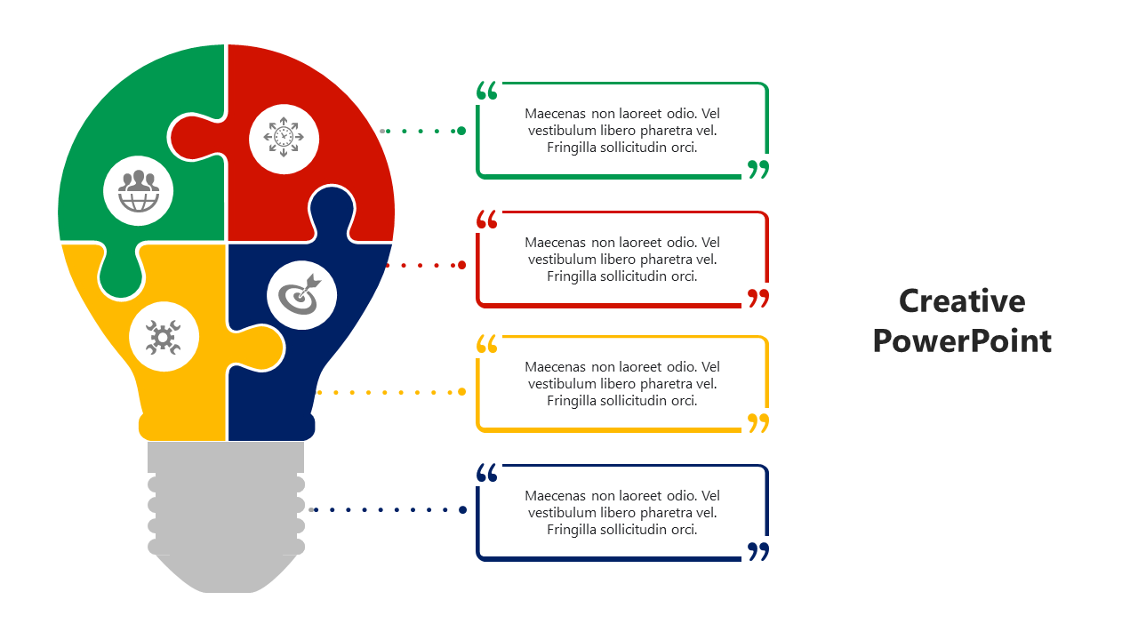 Light bulb puzzle infographic with four colorful sections and corresponding text boxes in green, red, yellow, and blue.