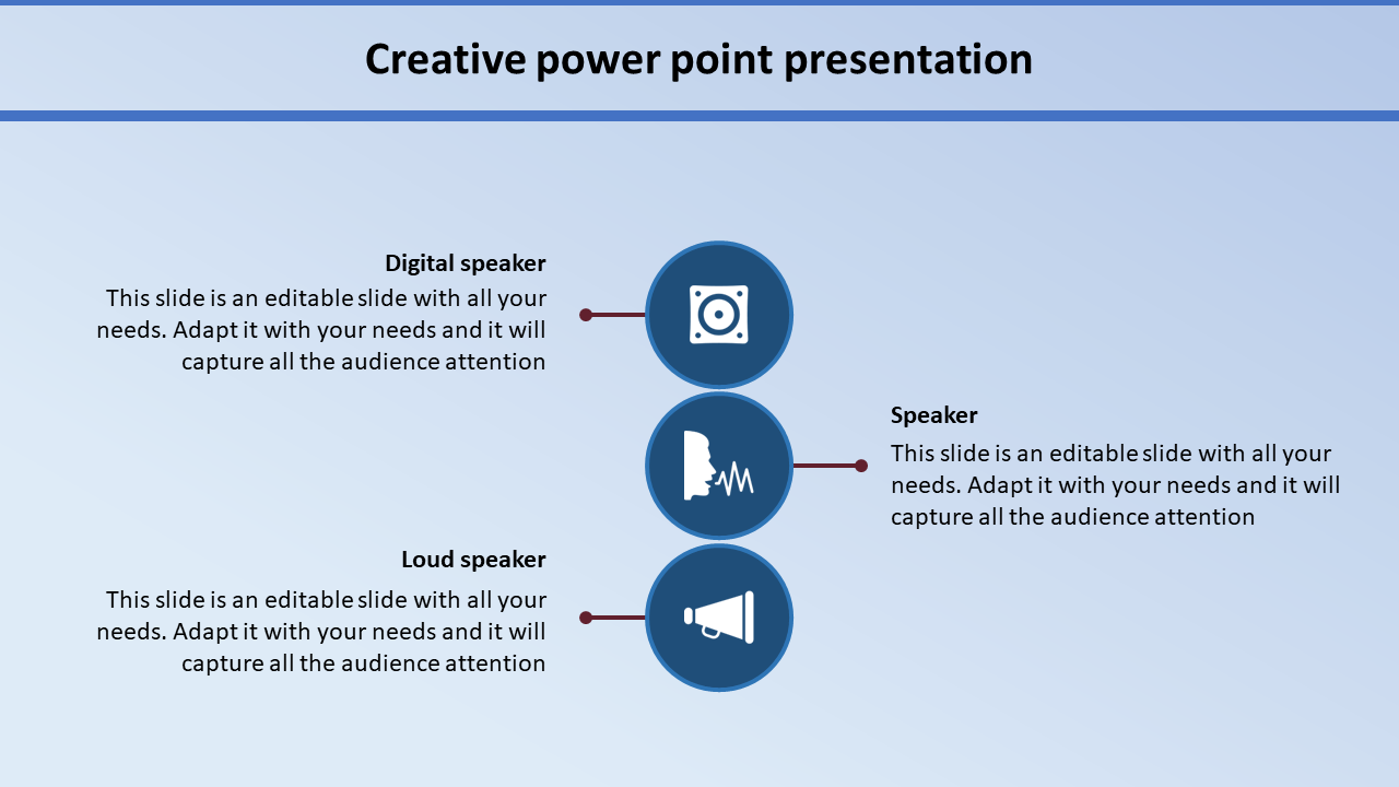 Creative slide with three icons, each representing types of speaker digital speaker, voice speaker, and loudspeaker.