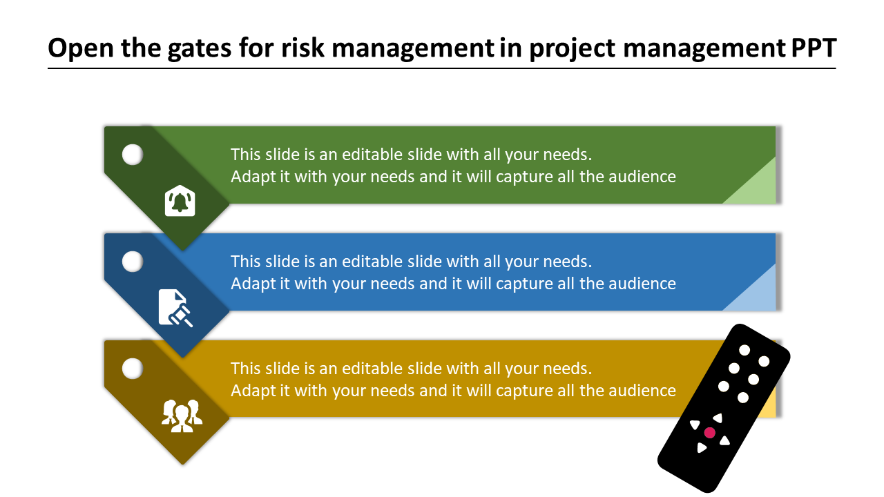 Risk management slide with three colorful banners in green, blue, and yellow, each with icons and a remote control graphic.