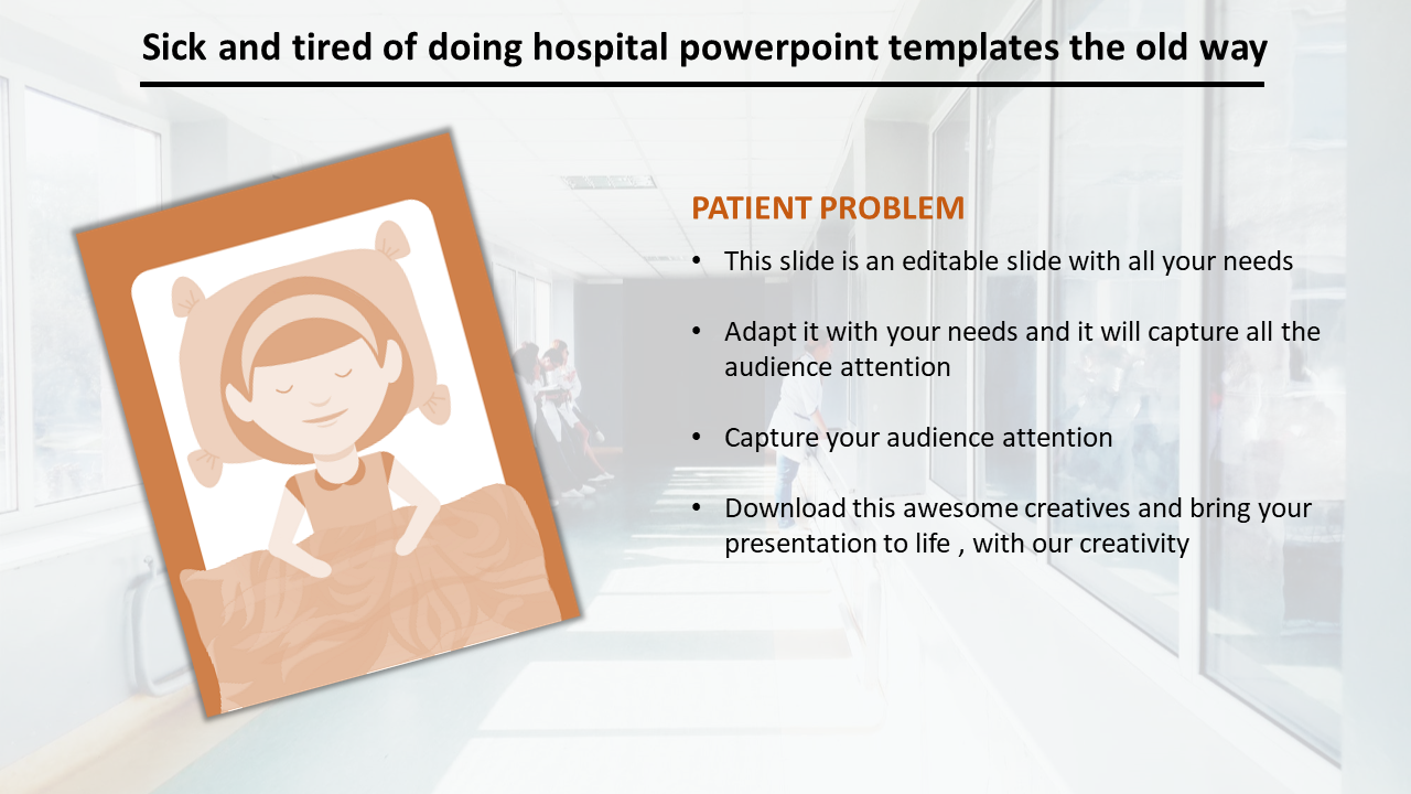 Slide showing a sleeping child illustration in an orange frame, with bulleted text against a hospital corridor background.