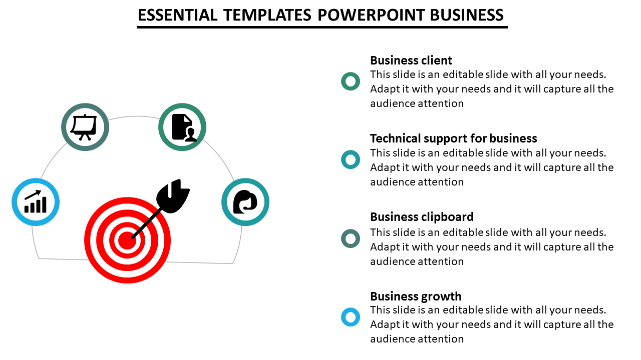 Business PPT slide with four sections from business client to growth, with icons and a dartboard image.