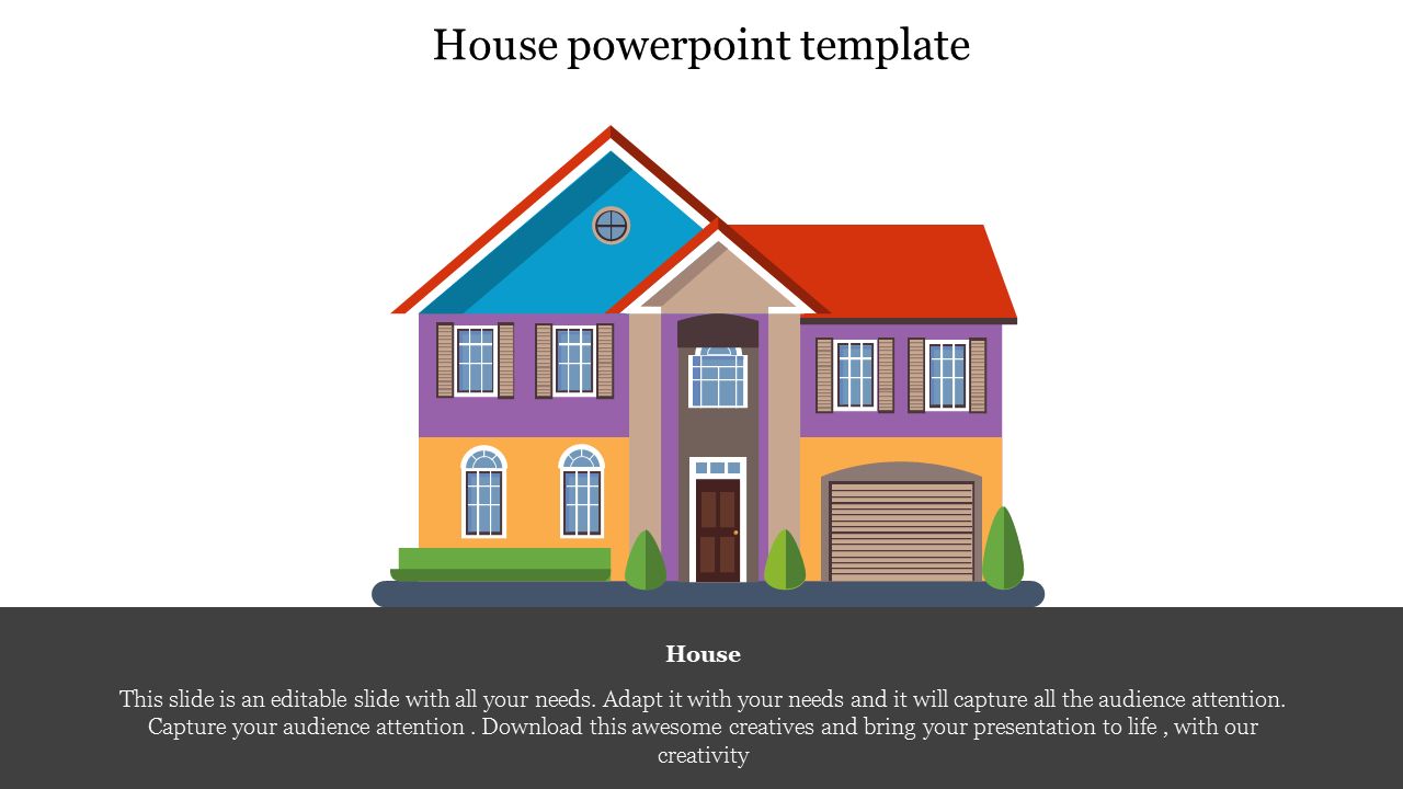 House illustration slide with modern design and bright colors with a text caption on a dark grey backdrop.