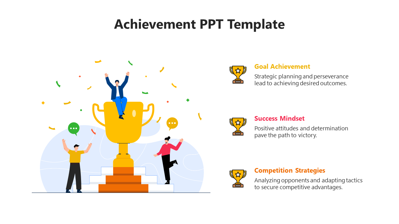 A PowerPoint slide showcasing achievement, featuring a trophy with confetti and icons with three sections.