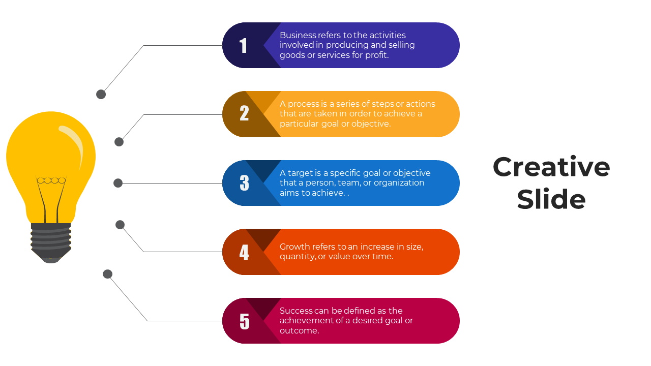 Creative slide with a yellow light bulb, five numbered colored labels, and text descriptions in a vertical layout.