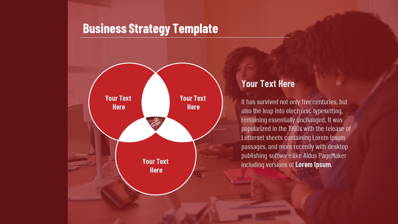 Business strategy slide with three overlapping circles for text and a background of a business meeting in red theme.