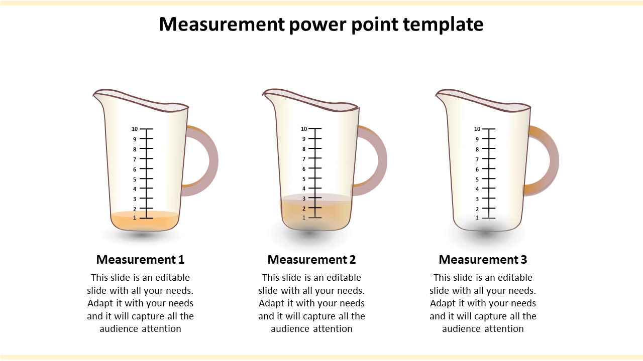 Measurement template featuring three measuring jugs with varying liquid levels, each labeled with text below.