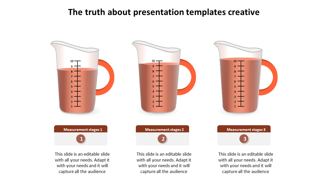 Three measuring cups with marked levels featuring red liquid, and orange handles, with text boxes below.