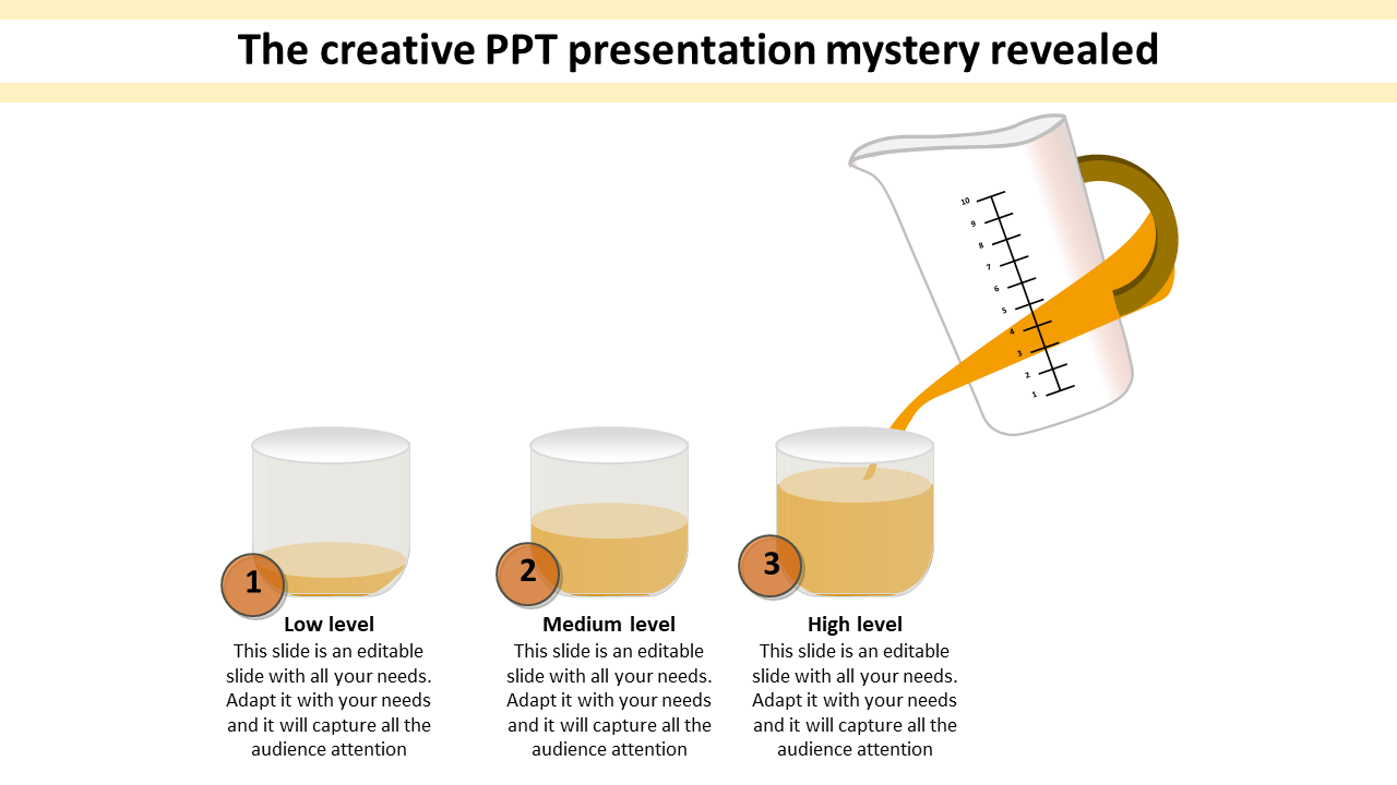 Creative slide with three labeled glasses filled with orange liquid at varying levels, with a measuring jug pouring liquid.