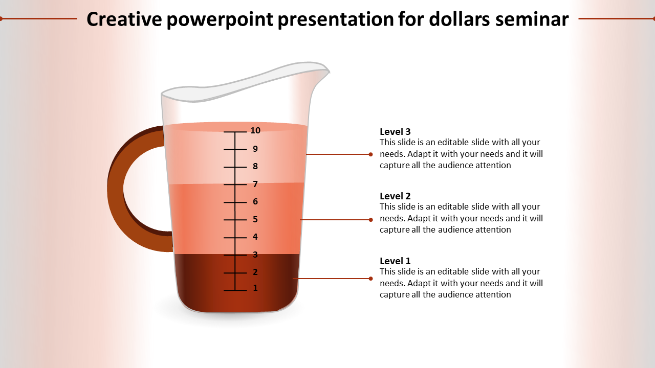 Creative slide showing a measuring cup with three liquid levels in red shades, and corresponding text labels on the right.