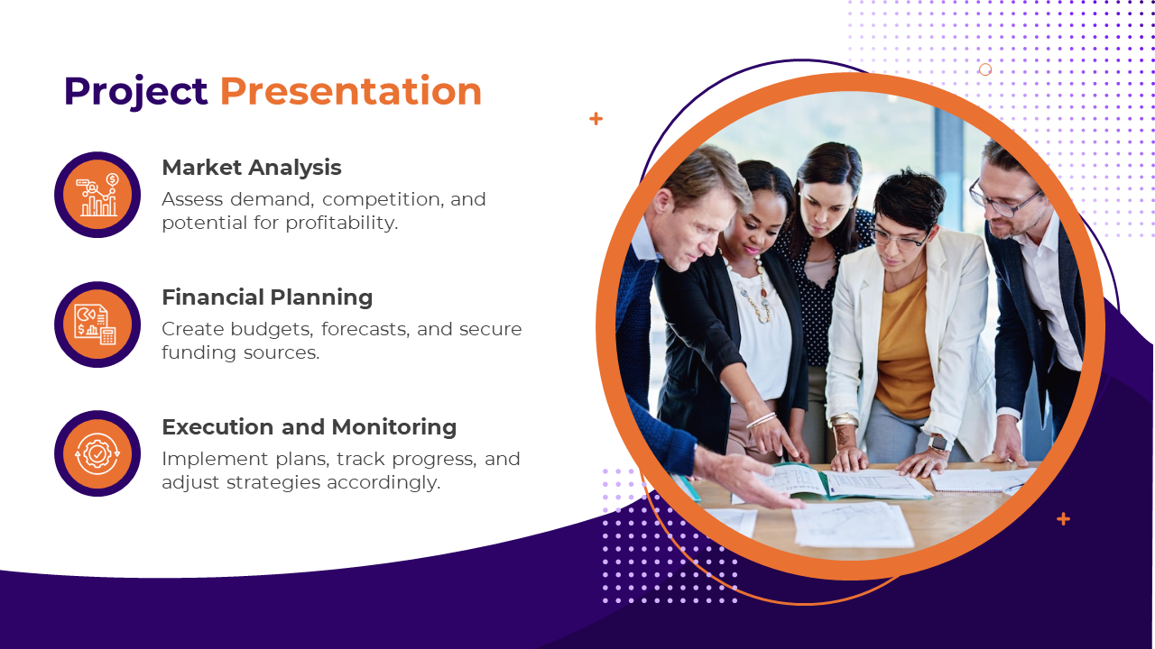 Project slide with a team photo inside an orange circle, with three bullet points, and a purple wave with dotted accents.