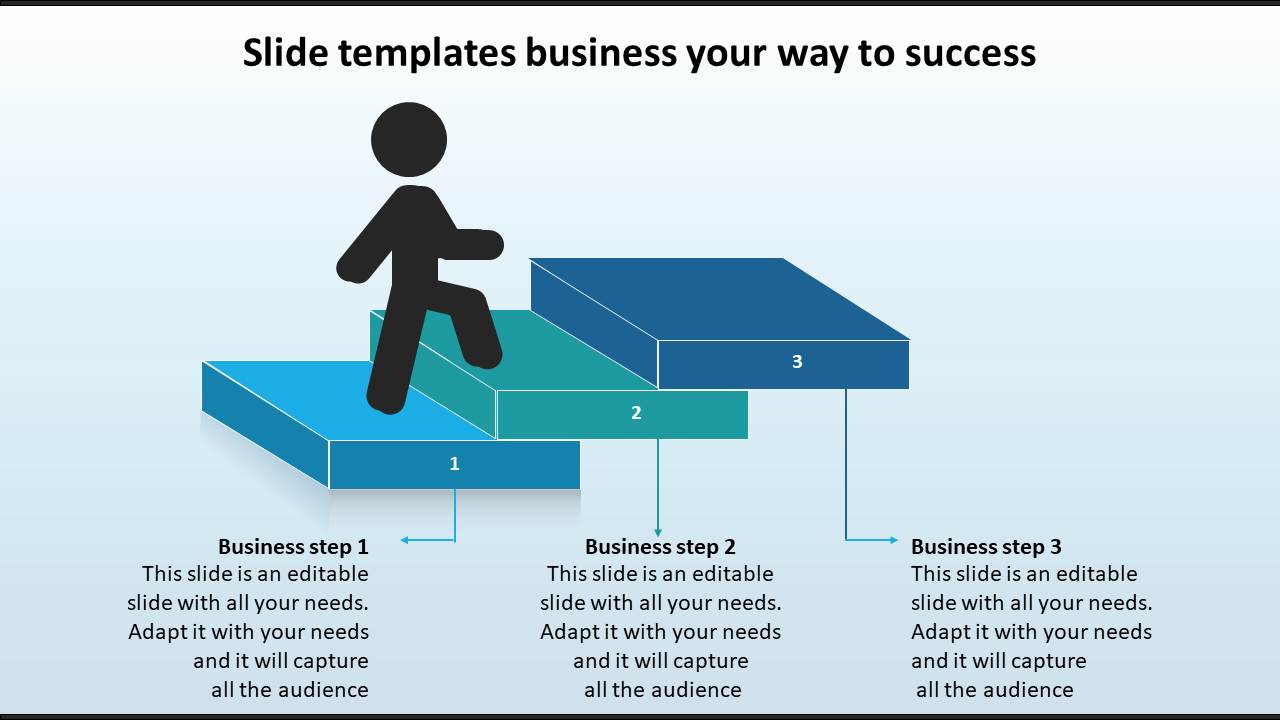 Infographic with three labeled steps and a stick figure climbing blocks representing business progress.