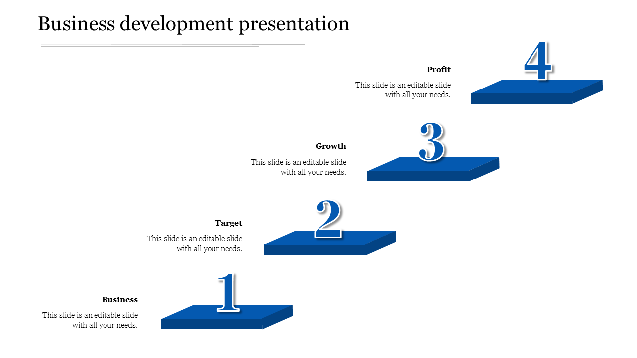 Blue 3D step infographic with four ascending platforms numbered 1 to 4, each labeled with a business development stage.