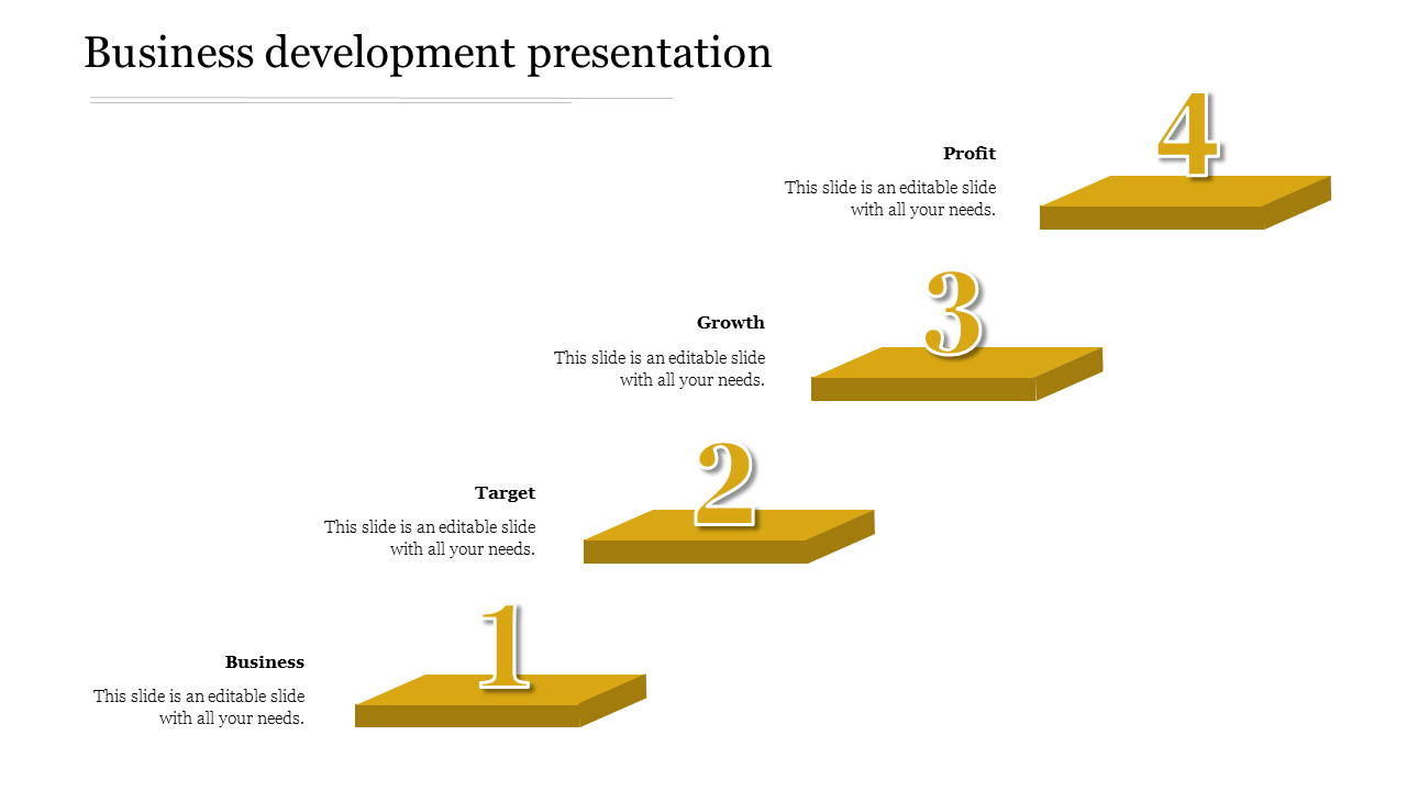 Business development PPT slide with four steps Business, Target, Growth, and Profit, each placed on a separate yellow platform.