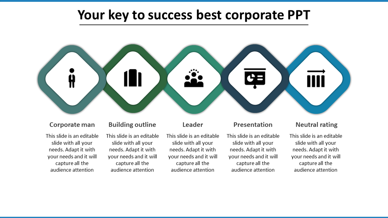 Corporate slide with five diamond-shaped icons for business concepts man, building, leader, presentation, and rating.