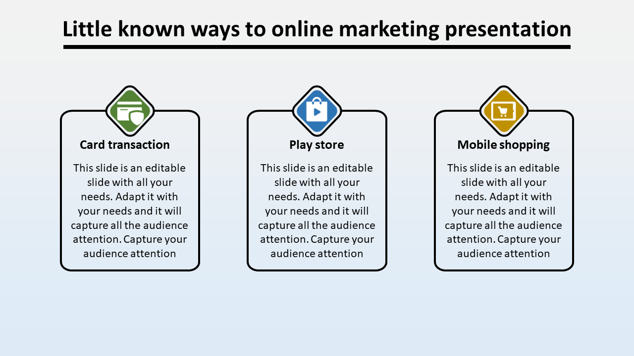 Slide layout featuring a clean design with three icons and description boxes for different online marketing methods.