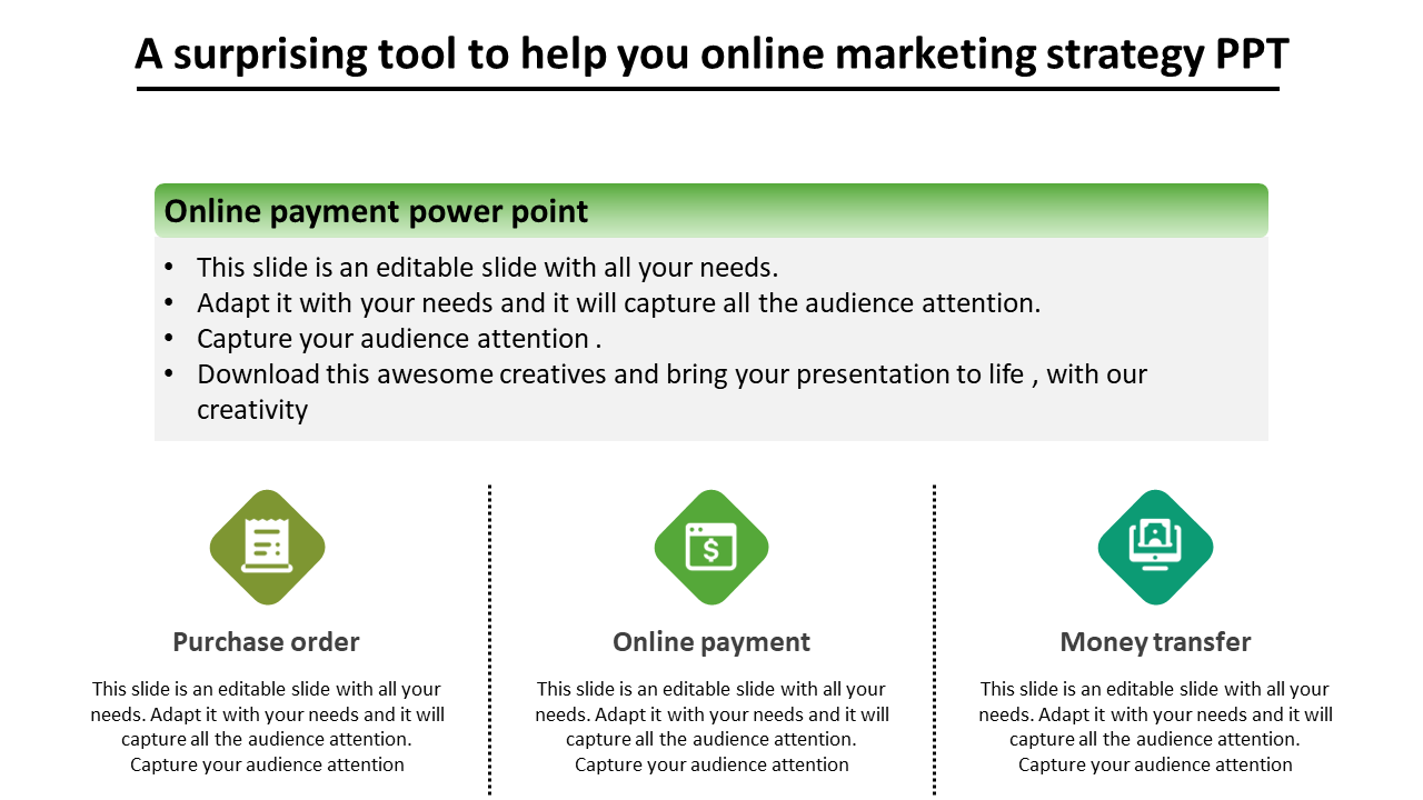 Marketing strategy slide with a detailed green header and three evenly spaced steps represented by icons and descriptions.