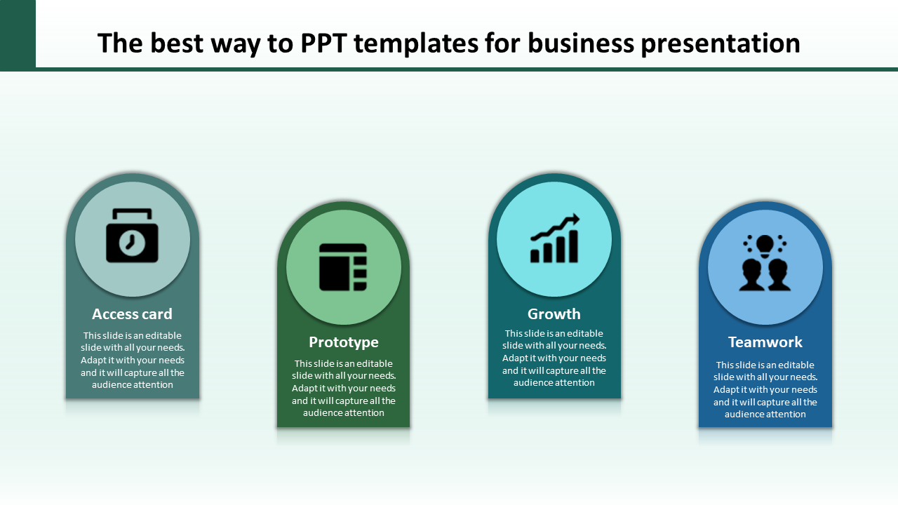 Business slide featuring icons for Access Card, Prototype, Growth, and Teamwork, each with placeholder text sections.