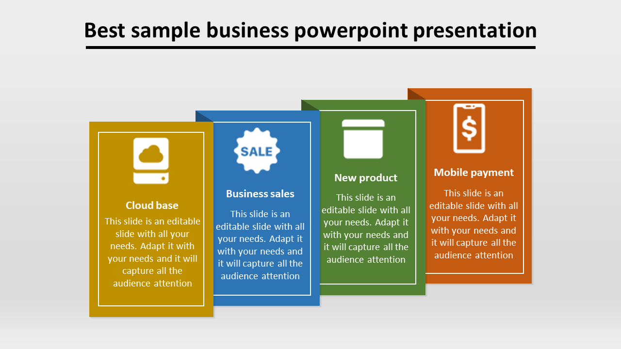 Four colorful rectangular boxes in yellow, blue, green, and orange, each representing business categories with icons.