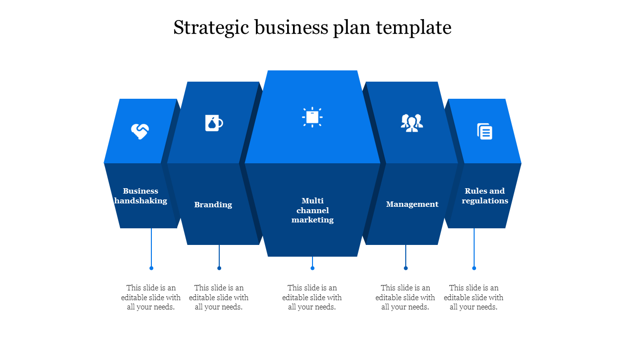 Strategic business plan slide with five connected blue hexagons labeled with business concepts and icons.