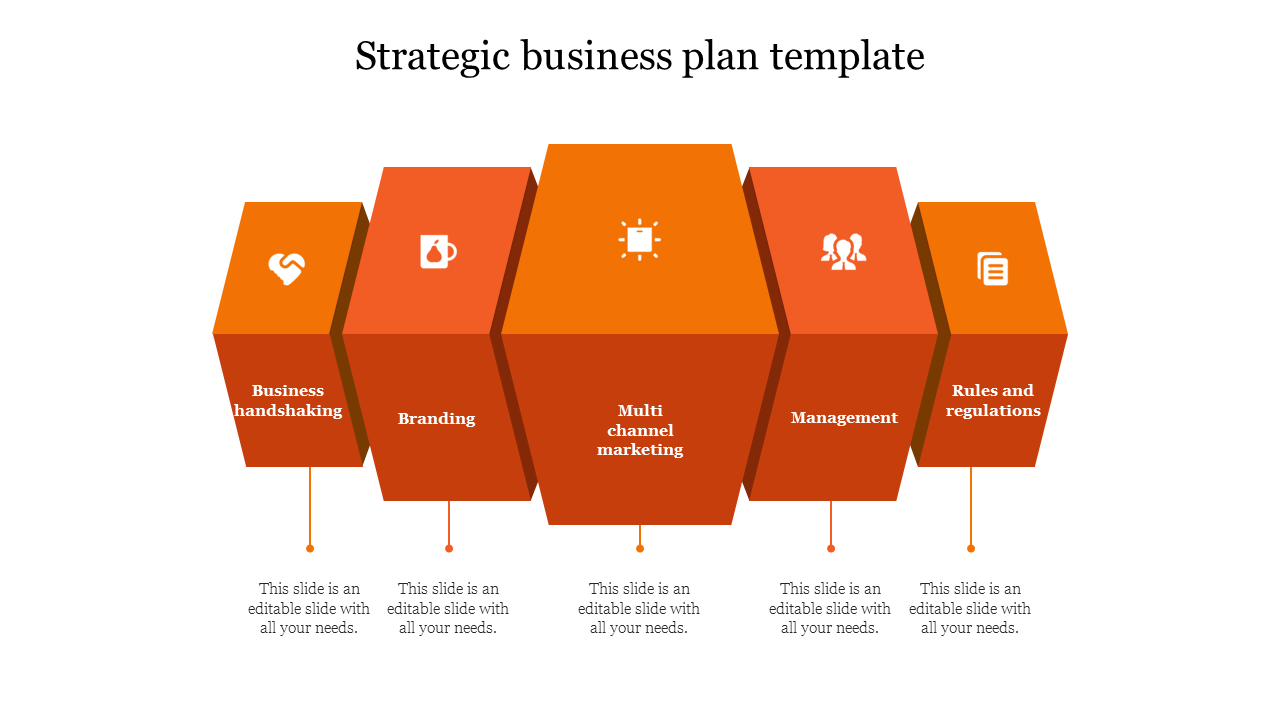 Strategic business plan PPT slide with five orange stages from business handshaking to rules and regulations with text.