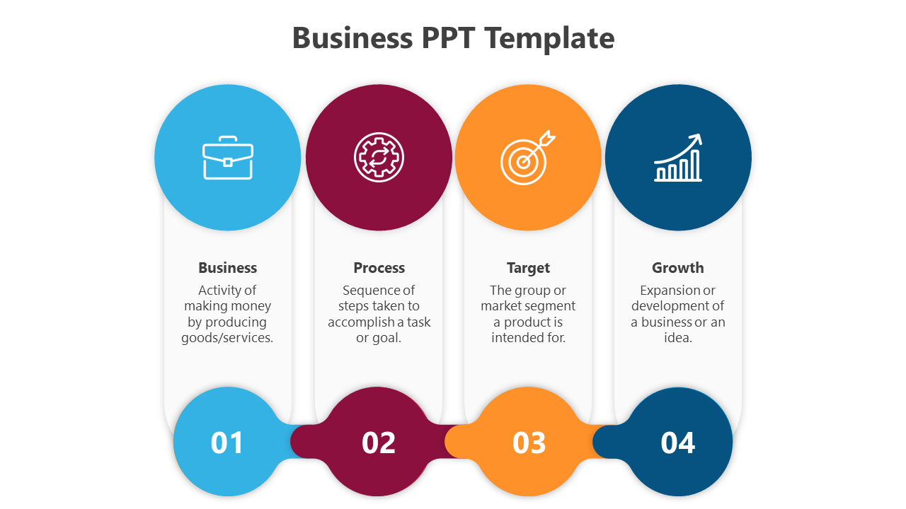 Four colorful sections with icons representing process, target, and growth steps in a business strategy.