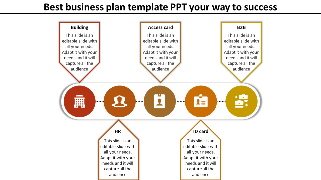 Business plan template with icons, including a building, user profile, access card, ID card, and currency exchange symbols.