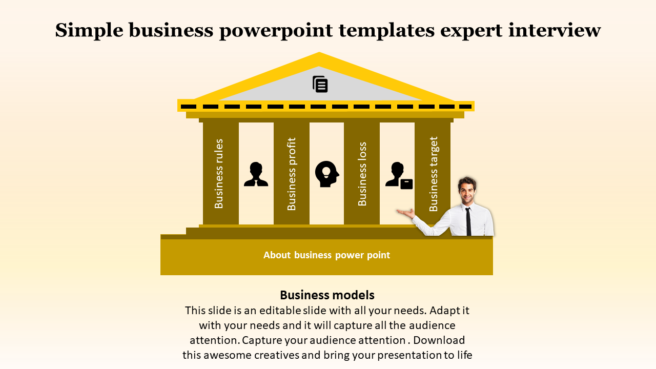 Business PowerPoint slide featuring a column structure labeled Rules, Profit, Loss, and Target with placeholder text.