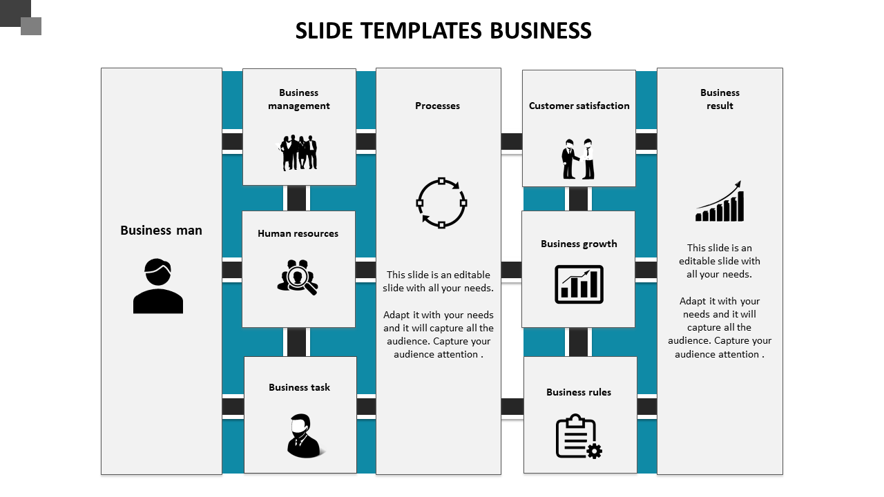 Five vertical columns with teal highlights, icons, and black text on a white background representing business topics.