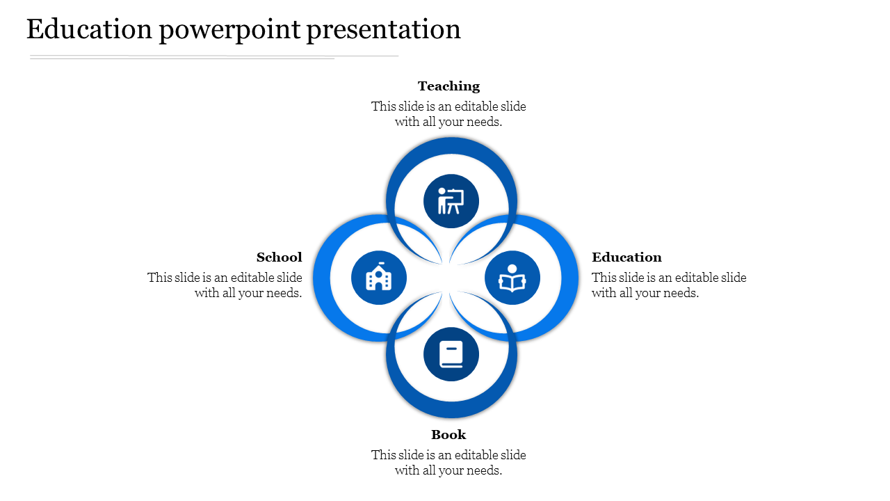 Education PPT slide featuring four sections from Teaching, School, Book, and Education, with blue icons representing each.