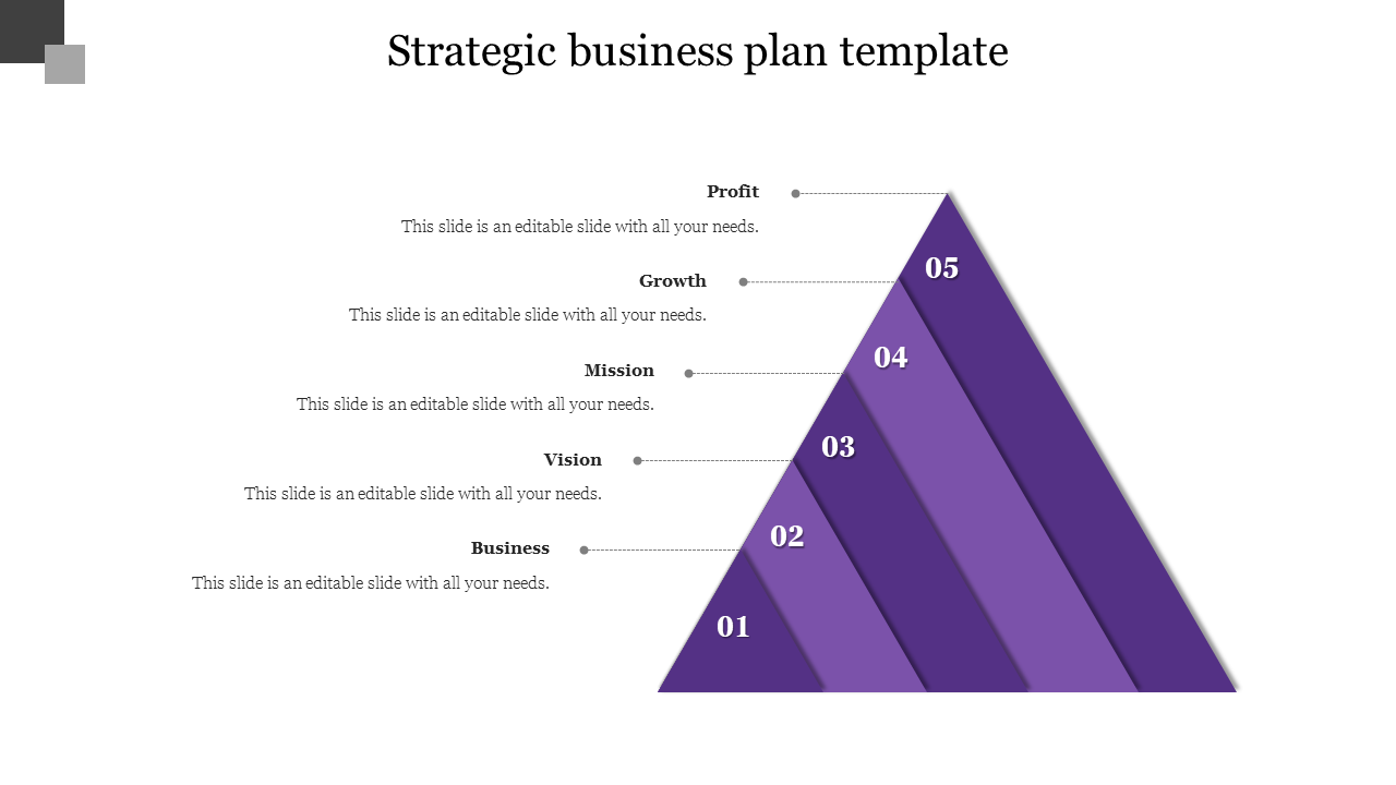 Strategic business plan PPT template with a purple triangular design representing five key steps with placeholder text.