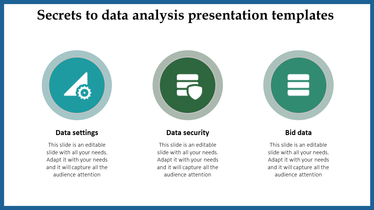 Data analysis slide with three sections represented by color coded icons with placeholder text.