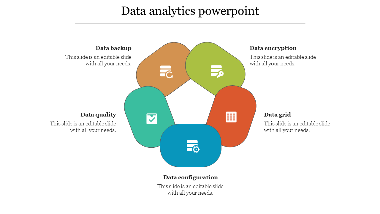 Data analytics slide displaying a circular diagram with sections from data backup to data quality with colored icons.