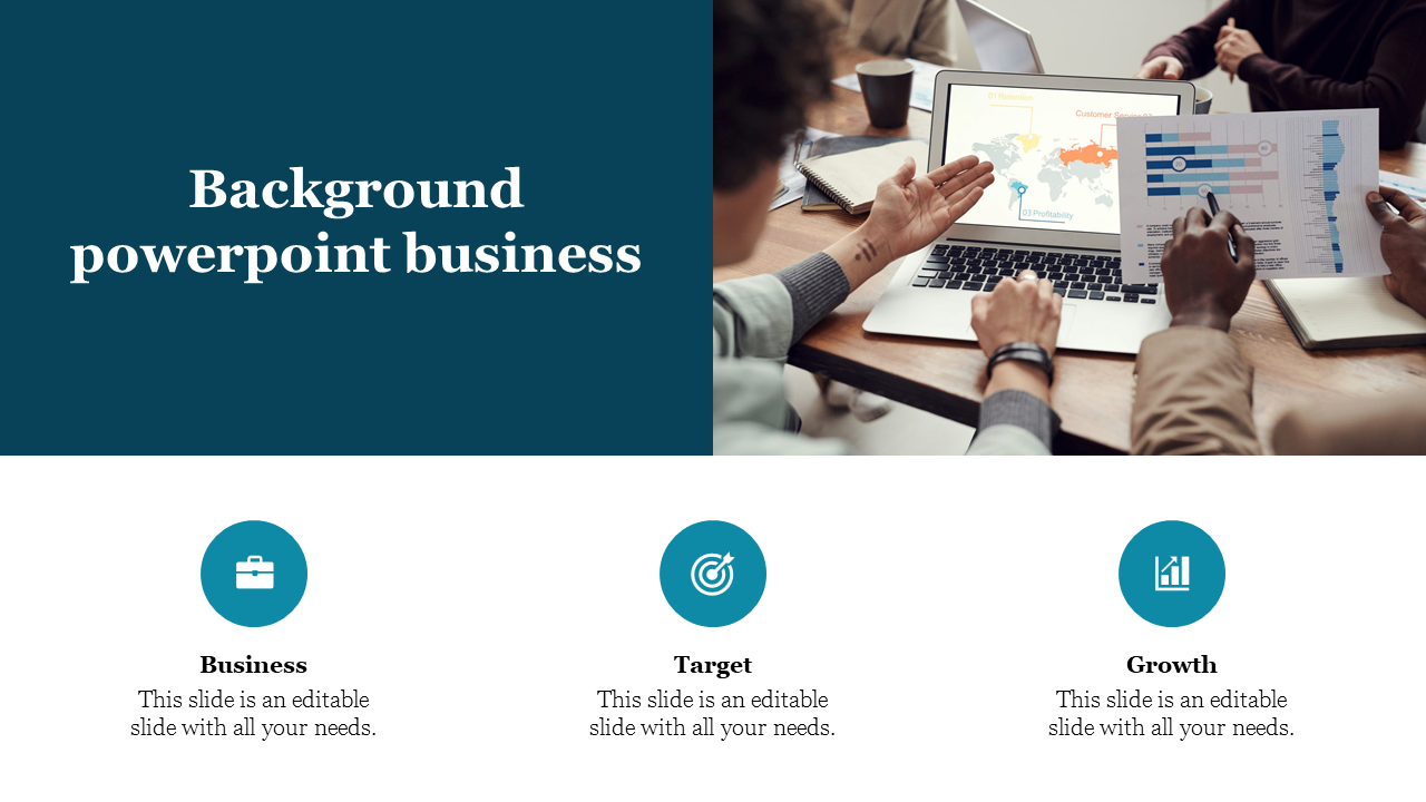 Business slide featuring a split layout with a team discussing charts on a laptop and three blue icons below.