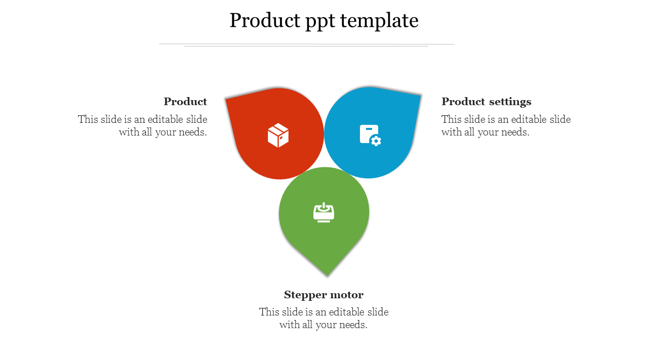 Product template featuring three labeled segments in red, blue, and green droplet shapes with icons and descriptions.