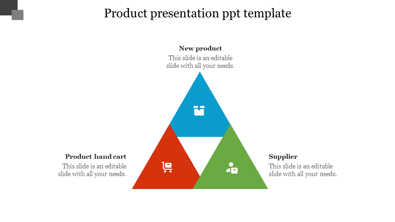 Slide showcasing a triangular design with distinct blue, red, and green areas, each labeled with icons and descriptions.