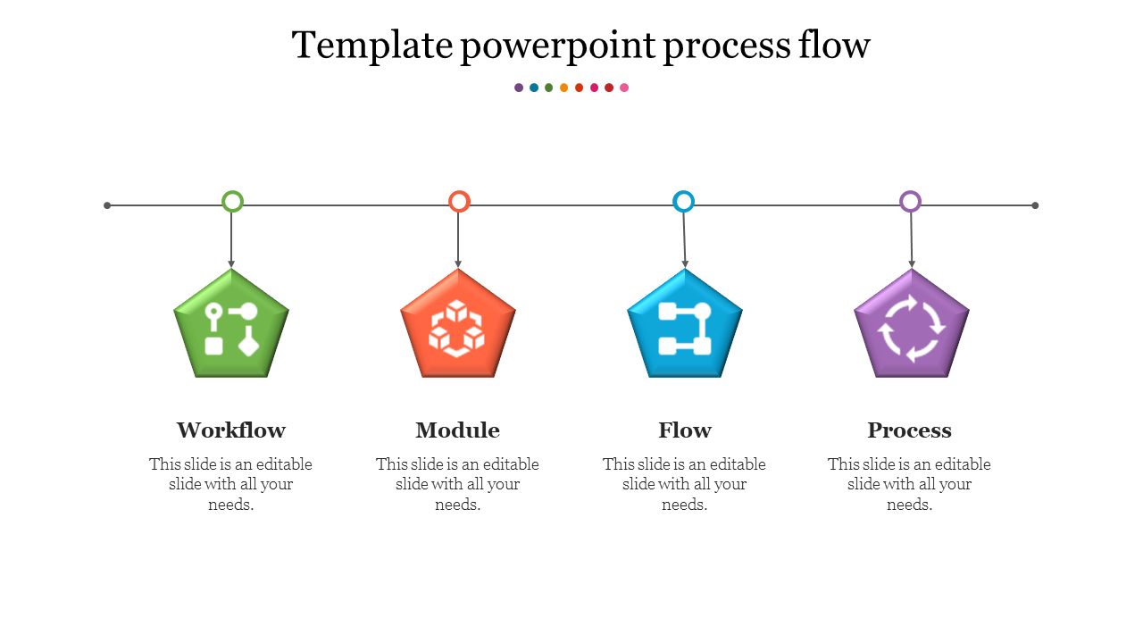 Four-step process flow template with icons for workflow, module, flow, and process, connected by a horizontal line.