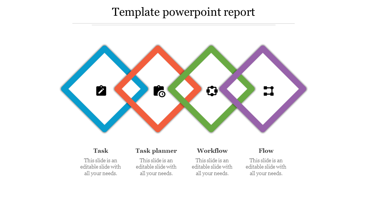 Four colorful diamond shaped icons in blue, orange, green, and purple, arranged horizontally on a white background.