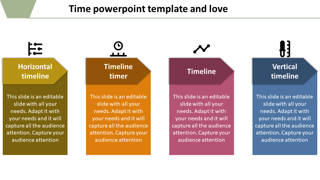 Time PowerPoint slide showing horizontal, vertical, and timeline timer sections with placeholder text and icons.