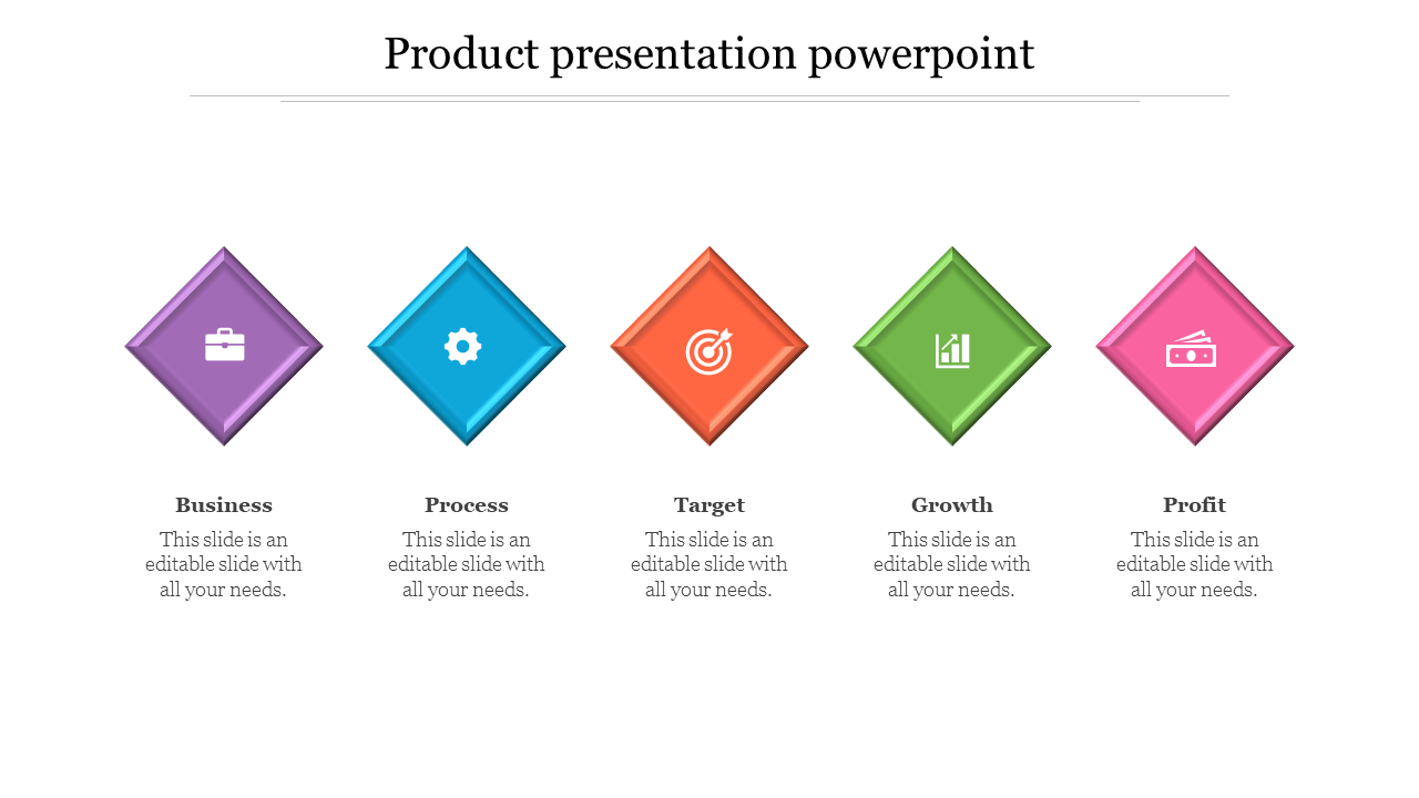 Five diamond shaped icons in purple, blue, orange, green, and pink, representing business concepts in a row layout.