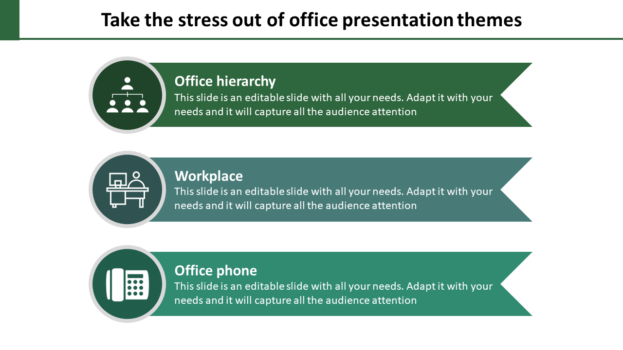 Business presentation slide showcasing office hierarchy, workplace, and office phone with placeholder text sections.